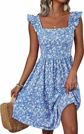 Loemes Summer Cute Floral Flowy Knee Length Sundressses Beach Dress for Women 2024 at Amazon Women’s Clothing store