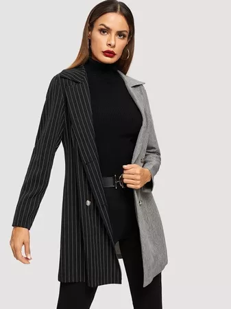 Notch Collar Colorblock Striped Coat | SHEIN USA