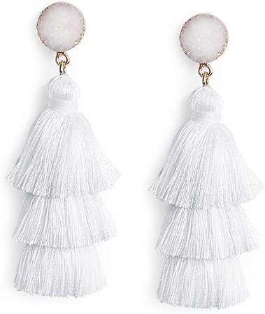 Amazon.com: Me&Hz White Summer Tassel Earrings Dangle Drop for Women Girls Handmade Tiered Fringe Big White Earrings Stud Boho Beach Outfit Jewelry Birthday Valentines Mothers Gift: Clothing