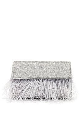 olga berg Mia Glitter Feather Trim Shoulder Bag in Silver | REVOLVE