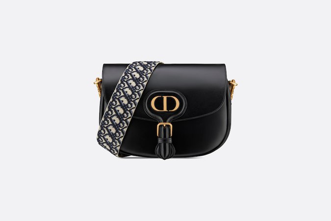 Large Dior Bobby Bag Black Box Calfskin with Blue Dior Oblique Embroidered Strap | DIOR