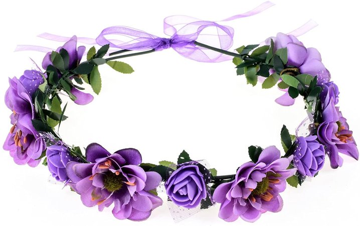 June Bloomy Rose Flower Leave Crown Bridal Halo Headband with Adjustable Ribbon (Purple) at Amazon Women’s Clothing store