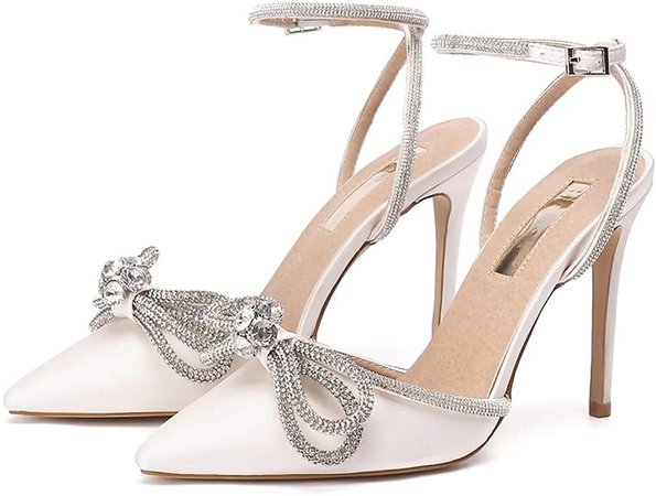 Amazon.com | Women's Satin Lace Up High Heel Sandals Ankle Buckle Straps Pump Rhinestone Strip Bowknot Pointed Toe Stiletto Sandals | Heeled Sandals