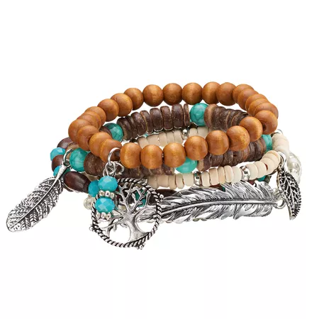 Mudd® Tree of Life, Leaf & Feather Charm Beaded Stretch Bracelet Set