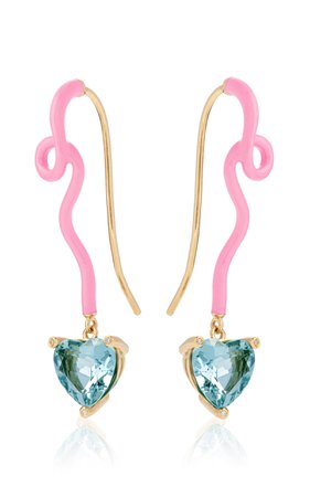 18k Yellow Gold Gwen Pendant Earrings With Aquamarine And Bubblegum Pink Enamel By Bea Bongiasca
