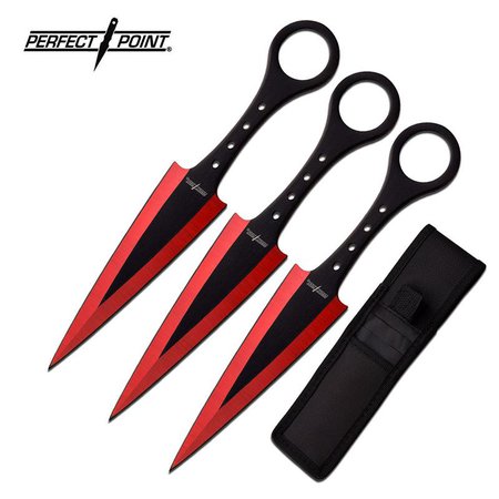 Perfect Point 7.5 Inch 3 Piece Throwing Knife Set Red Electro Plated and Black Blade