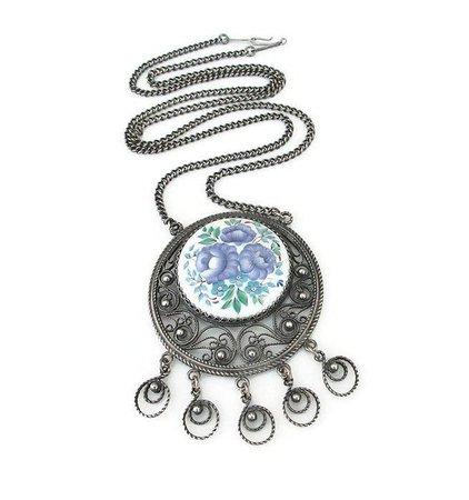 Russian Necklace Finift Enamel Silver Filigree Pendant | Etsy