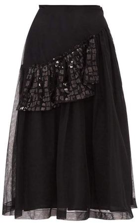 Sequinned Ruffle Tulle Midi Skirt - Womens - Black
