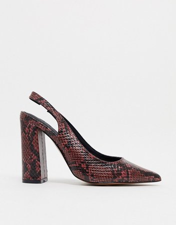 ASOS DESIGN Parson slingback high block heels in burgundy snake | ASOS