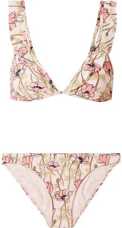 Ruffled Floral-print Bikini - Peach