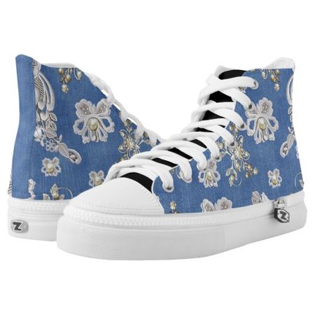 Denim Textured Lace and Pearls High-Top Sneakers | Zazzle.com