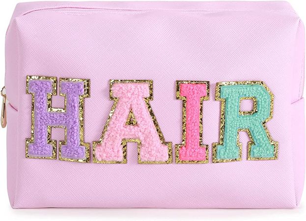 Amazon.com: BLAAROOM Large Preppy Patch Cosmetic Toiletry Bag,HIAR Varsity Letters PU Leather Makeup Bag,Chenille Zipper Pouch Storage,Waterproof Organizer for Travel - Pink : Beauty & Personal Care