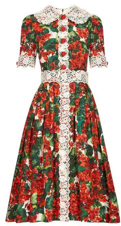 Lace Geranium Print Cotton Poplin Dress - Womens - Red Multi