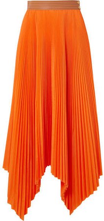 Asymmetric Leather-trimmed Pleated Poplin Midi Skirt - Orange