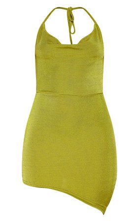 Olive Halterneck Asymmetric Hem Bodycon Dress | PrettyLittleThing USA