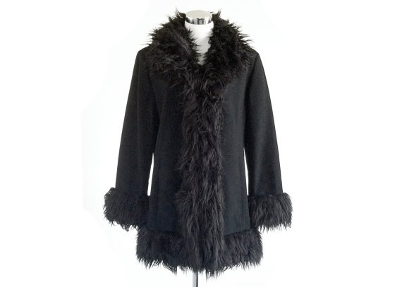 Fuzzy Black Faux-Fur Trim & Wool Coat