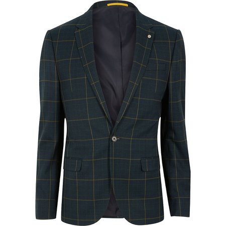 Green check skinny fit suit jacket | River Island