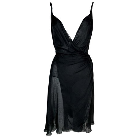2001 Gianni Versace Plunging Sheer Black Wrap Bodysuit Mini Dress