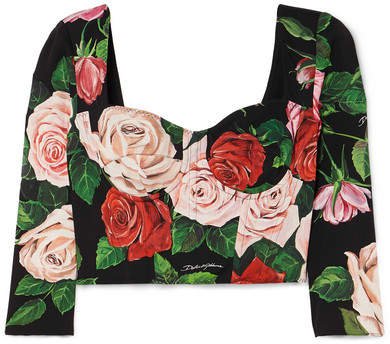 Cropped Floral-print Stretch-silk Bustier Top - Black