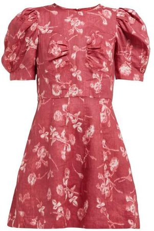 Monet Floral Print Puff Sleeve Mini Dress - Womens - Dark Pink