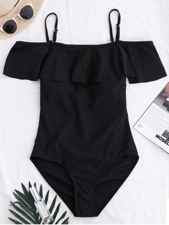 [17% OFF] 2019 Off The Shoulder Flounced One-Piece Swimwear In BLACK | ZAFUL ..