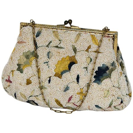 Bead and Tambour Evening Bag with Folding Mirror, Late 1920s For Sale at 1stdibs