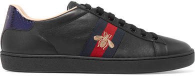 Ace Watersnake-trimmed Embroidered Leather Sneakers - Black