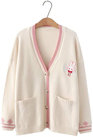 Kawaii Lolita Fashion Girls Little Flowers Cute Bunny Rabbit Design Warm Comfy Knitter Autumn Cardigan Coat Beige: Amazon.co.uk: Clothing