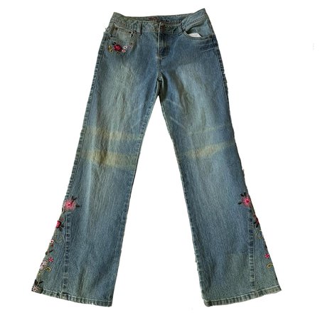 light wash blue denim floral embroidery embroidered pants