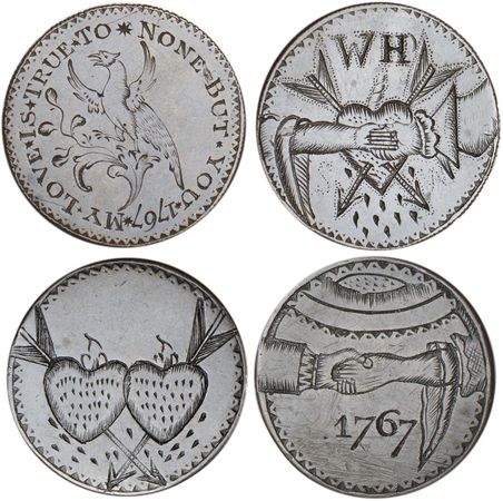 Love, a pair of Georgian halfpennies, engraved both sides, MY LOVE IS TRUE TO NONE BUT YOU