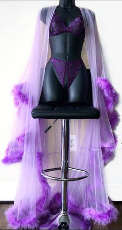 purple sexy lingerie with fur mesh robe