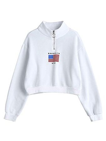 ZAFUL Women's American Flag Mock Neck Zipper Cropped Sweatshirt Half Zip Casual Activewear(White-L) at Amazon Women’s Clothing store: