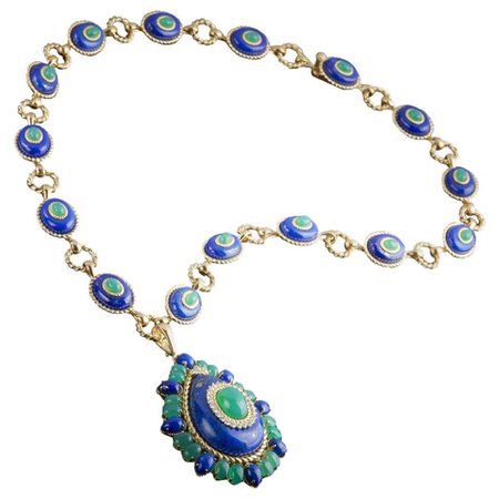Lapis Lazuli, Green Agate and Diamond Pendant Necklace For Sale at 1stDibs