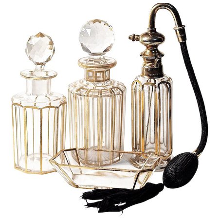 BACCARAT 22K Gold Trim Atomizer - 6-pc Dresser/Vanity Perfume Set - : DejaVu a Deux | Ruby Lane