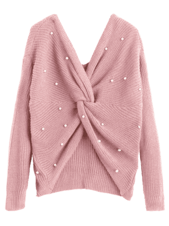 [53% OFF] 2019 V Neck Twist Pearly Sweater In PINK ONE SIZE | ZAFUL