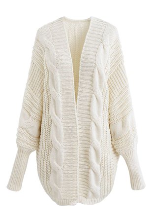 Open Front Batwing Sleeve Cable Knit Cardigan in Ivory - Retro, Indie and Unique Fashion