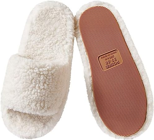 posee Fuzzy Memory Foam Slippers for Women, Fluffy Open Toe Slippers Curly Fur Cozy Flat Spa Slide Slippers Comfy Soft Non-Slip House Shoes Indoor and Outdoor, White Warm Gift | Slippers