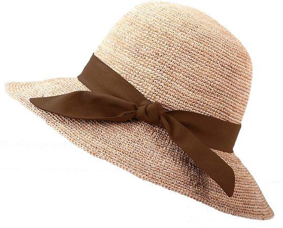 RIONA Women's Summer Hand-Woven Foldable Wide Brim Fisherman 100% Raffia Straw Sun Hat(Beige) at Amazon Women’s Clothing store