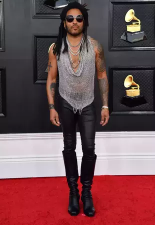 Lenny Kravitz Wears Chainmail Top and Leather Pants at 2022 Grammys