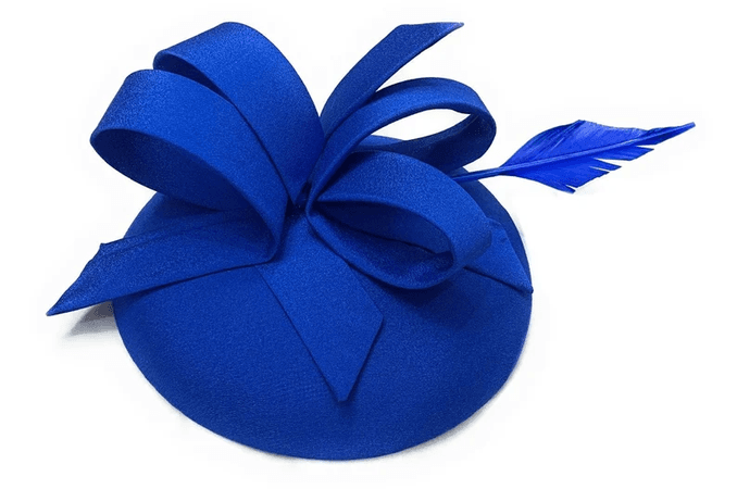 Round Sinamay Pillbox Fabric Abstract Hoops Long Feather Headband Fascinator Weddings Ascot Hatinator Races Hat UK - Royal Blue