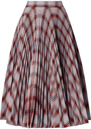 Pleated Checked Twill Midi Skirt - Red