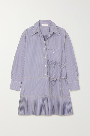Pleated Striped Cotton-poplin Mini Dress - Blue
