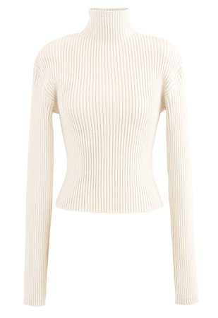 Padded Shoulder Ribbed Knit Sweater in Ivory - Retro, Indie and Unique Fashion