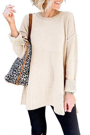 MEROKEETY Women's Casual Crew Neck Side Split Pullover Sweater Loose Long Sleeve Jumper Top at Amazon Women’s Clothing store