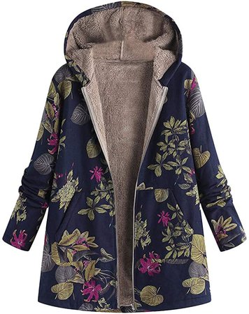 JOFOW Womens Jackets Coats Fleece Lined Boho Flowers leaves Floral Print Hooded Warm Loose Parka Winter Plus Size XXXL (4XL =US:18-22,Navy-flowers) at Amazon Women's Coats Shop