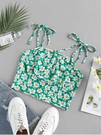 [50% OFF] [HOT] 2020 ZAFUL Floral Print Crop Cami Top In LIGHT GREEN | ZAFUL