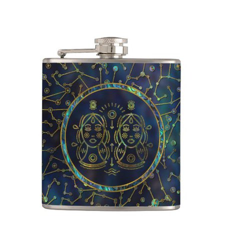 Gemini Zodiac Gold Abalone on Constellation Hip Flask | Zazzle.com