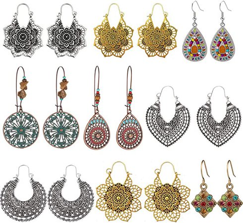 8 Pairs Bohemian Gypsy Tribal Ethnic Hoop Drop Dangle Earrings National Style Hollow out Waterdrop Petal Leaf Beaded Statement Earrings For Women Vintage Earring (style 2 : 9 pairs) : Amazon.co.uk: Jewellery