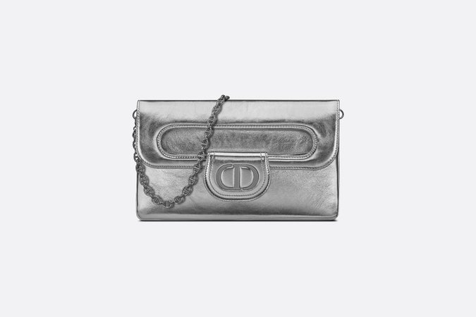 Medium DiorDouble Bag Silver-Tone Dior Spatial Crinkled Metallic Calfskin - products | DIOR