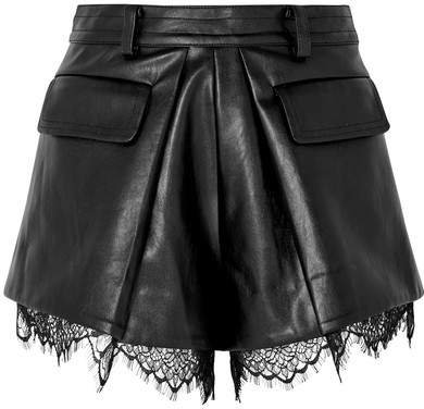 Lace-trimmed Faux Leather Shorts - Black
